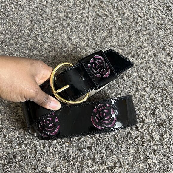 Betsy Johnson Belt Black Patent Pink Flower Cut Out Chunky Wide Waist Belt VTG M - Picture 1 of 9